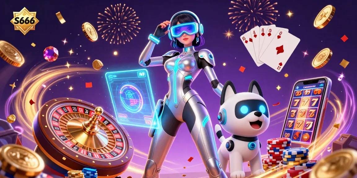 S666 captivates with a stunning scene of interactive casino gameplay featuring vibrant elements and a dynamic holographic interface.
