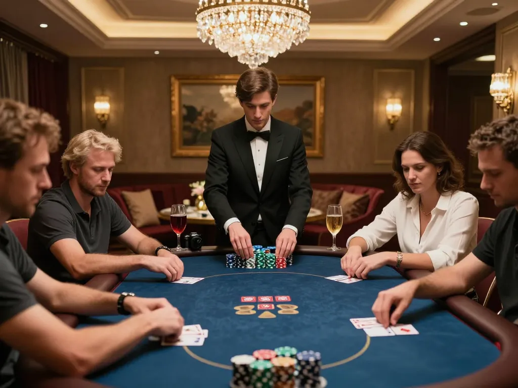 SOC88 VIP poker room scene with players engaged in high-stakes gameplay and dealer managing cards.