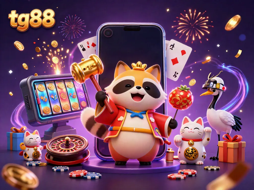 Experience the magic of tg88 with a cheerful tanuki amidst a lively casino scene filled with winnings!