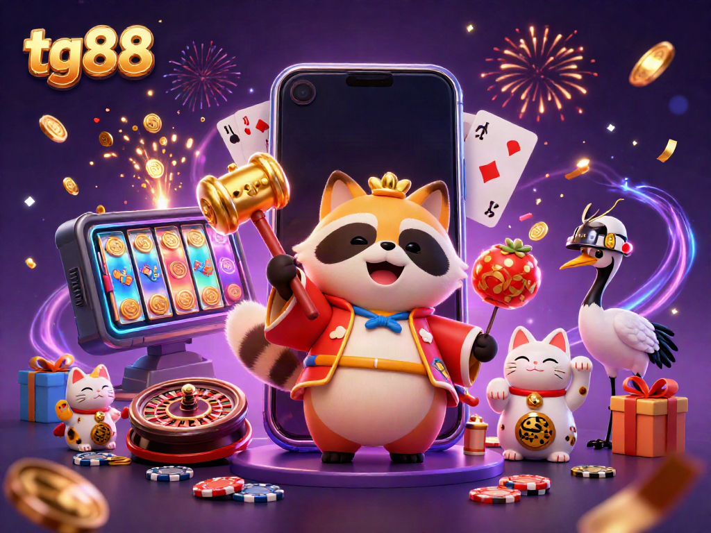 Experience the magic of tg88 with a cheerful tanuki amidst a lively casino scene filled with winnings!