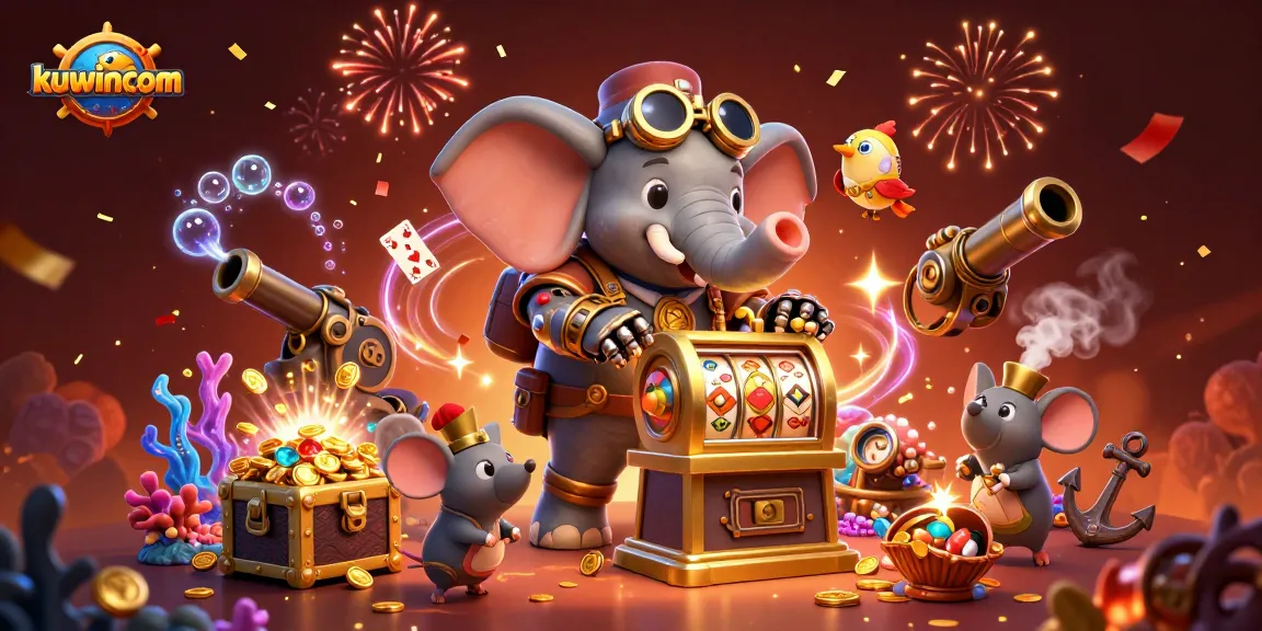 Kuwincom presents an engaging 3D illustration of a steampunk elephant operating a slot machine, showcasing a vibrant gambling atmosphere.