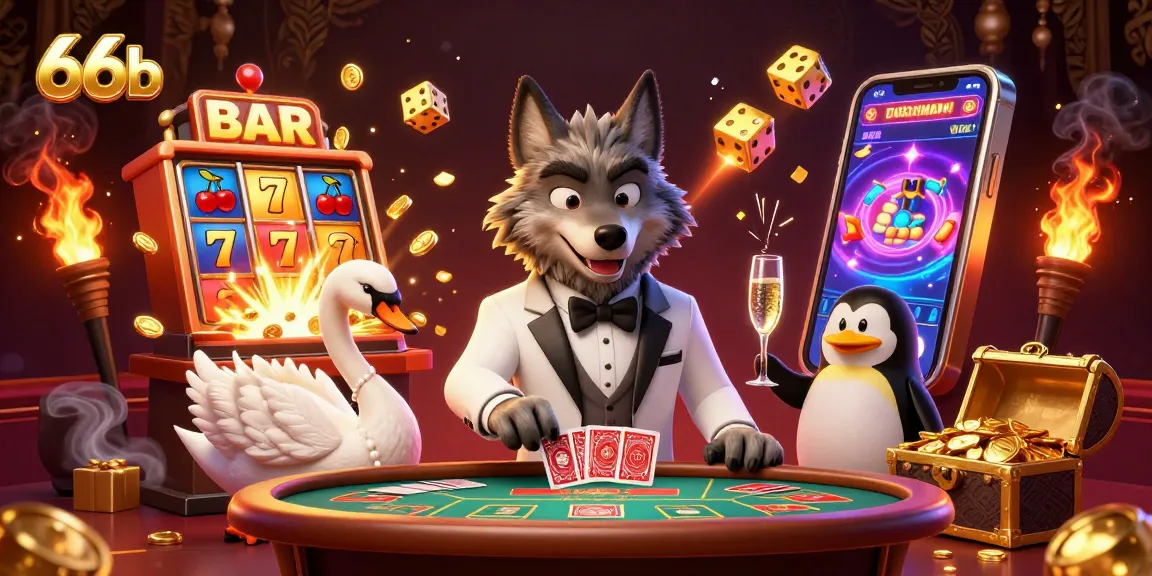 A debonair wolf at a baccarat table with sophisticated characters, showcasing 66b casino excitement with vibrant details.