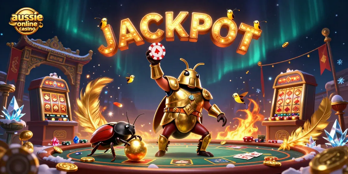 Aussie online casino celebration with cartoon beetles winning poker chips in a vibrant casino setting