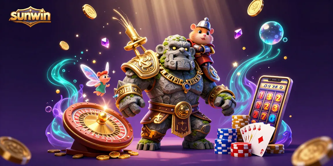 Experience the thrill of sunwin with ancient guardians and magical gems in a dynamic casino scene.