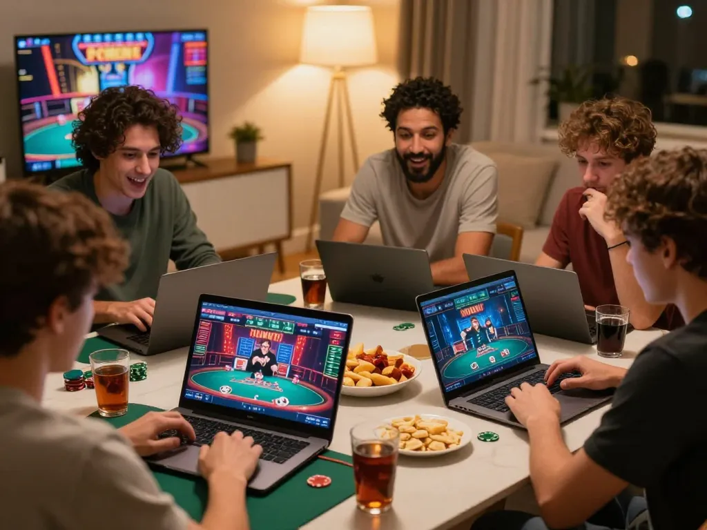 Players strategize in an engaging dh88 online poker game, showcasing excitement and friendly competition.