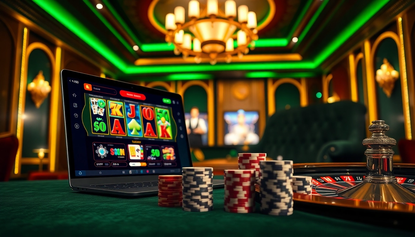 Experience the excitement of f168 đăng nhập in a luxurious casino setting with vibrant slots and roulette.
