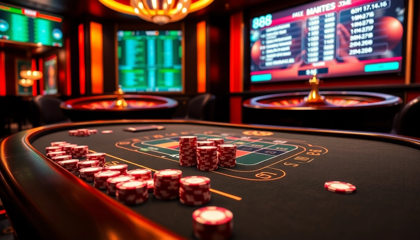 Experience high-stakes play at 888new com with luxurious casino visuals, featuring poker tables and roulette wheels.