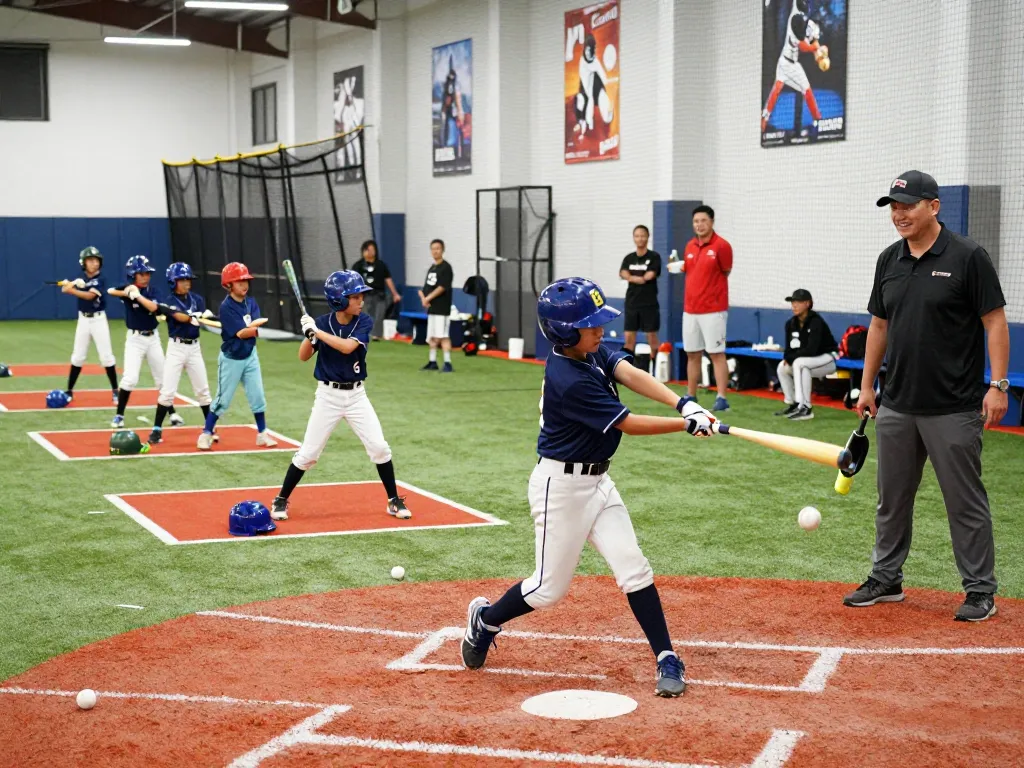 Young athletes training at hitclub indoor baseball facility, practicing their batting skills.