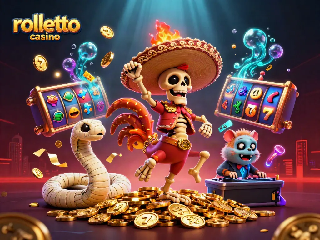 Experience rolletto casino with cartoon characters celebrating wins, surrounded by slot reels and gold coins.