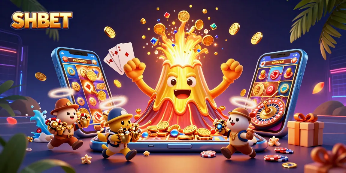 Experience thrilling wins at SHBET with a triumphant golden volcano, coins, and card games.