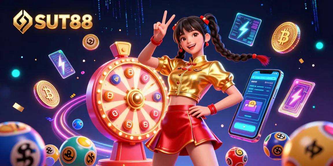SUT88 showcases vibrant casino excitement with a stunning woman celebrating amid neon thrills and crypto elements.