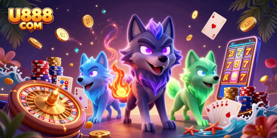 Experience the thrill of U888 COM with glowing characters, cascading coins, and vibrant casino elements.