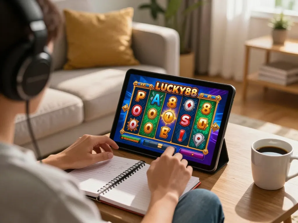 Enjoying LUCKY88 slot gaming from home with colorful graphics and a cozy atmosphere.