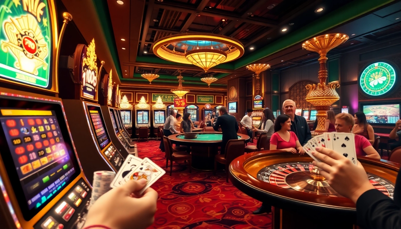 Experience the thrill of betting at 789winh.com with illuminated slot machines and players engaging in poker.