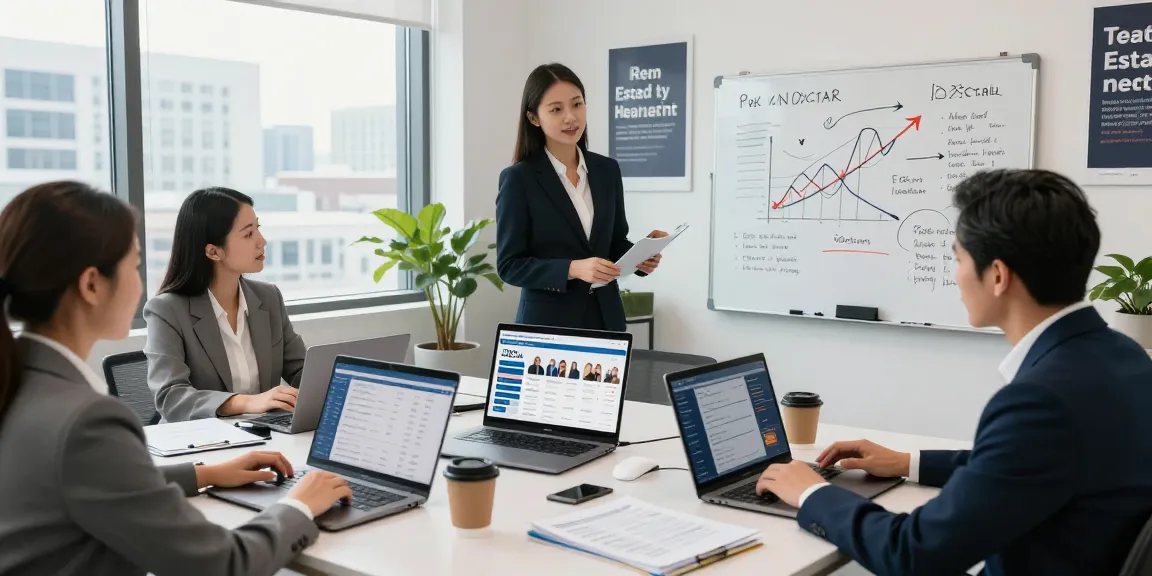 Real estate agents collaborating using IDXSTAR platform in a modern office environment