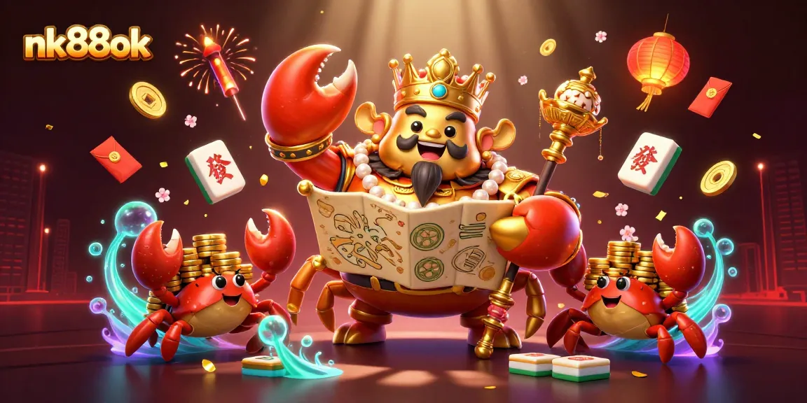 Play and win on nk88ok with a golden crab emperor, vibrant gaming icons, and festive decorations