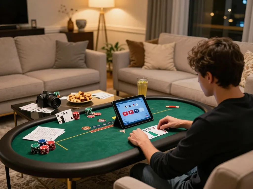 99WIN gaming scene at home with user engaged in an exciting poker match on a tablet.