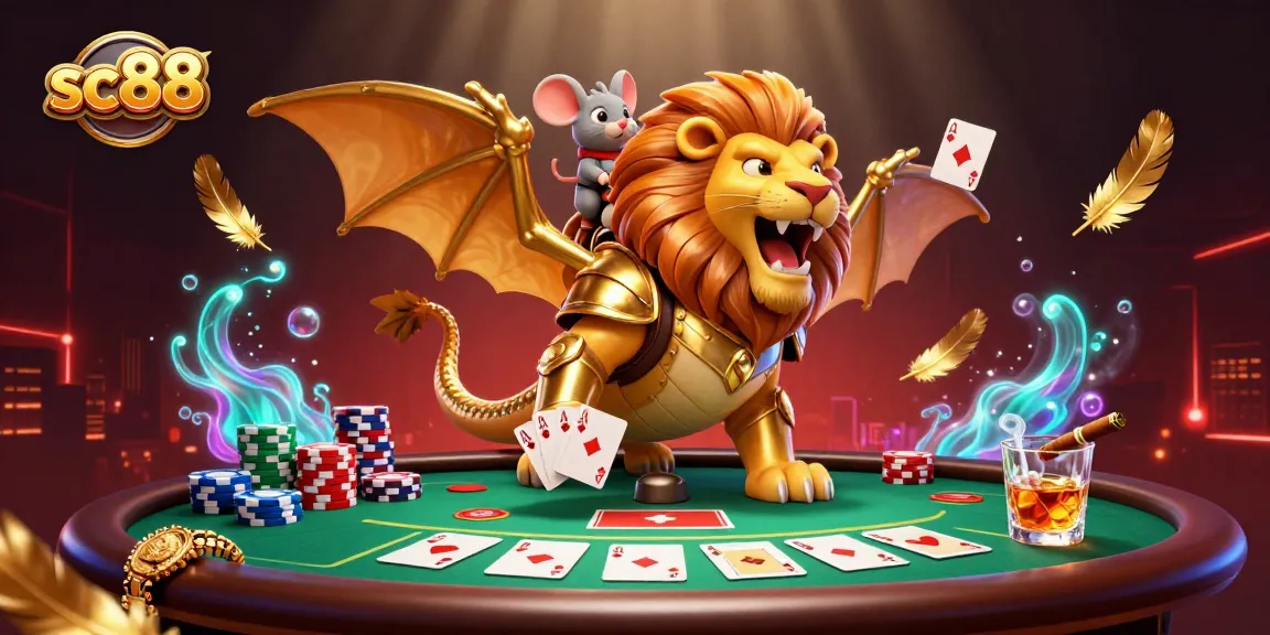 Experience the thrill of sc88 as the chimera roars triumphantly over poker chips and cards, creating a dynamic casino scene.