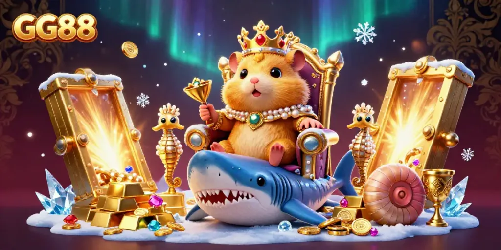 Engage in the thrilling world of GG88 with this vibrant 3D illustration featuring a golden hamster king and treasure.