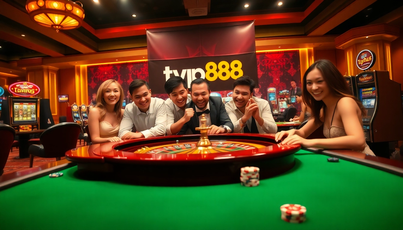 Players enjoying a thrilling game at typhu88 casino with poker chips and roulette.