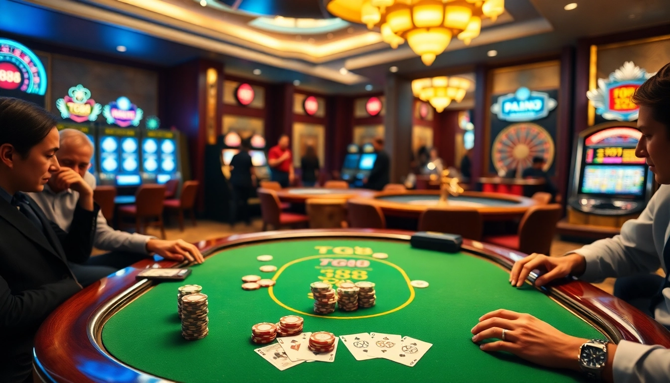 Players enjoying a TG88-themed poker game at a luxurious casino table.