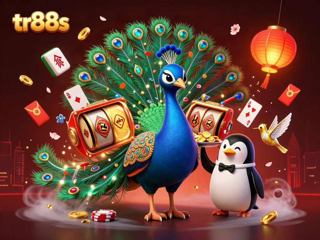 Engage with tr88s as a whimsical peacock and penguin serve golden chips in a vibrant casino scene.