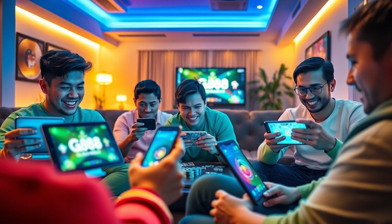 Engaging scene featuring players downloading và trải nghiệm tải g88 across various devices in a dynamic gaming environment.