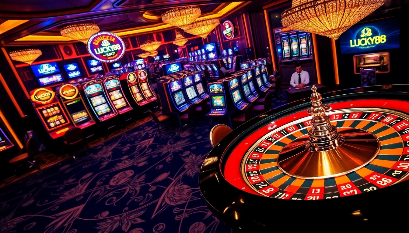 LUCKY88 gaming action at an upscale casino with a roulette wheel and poker table.