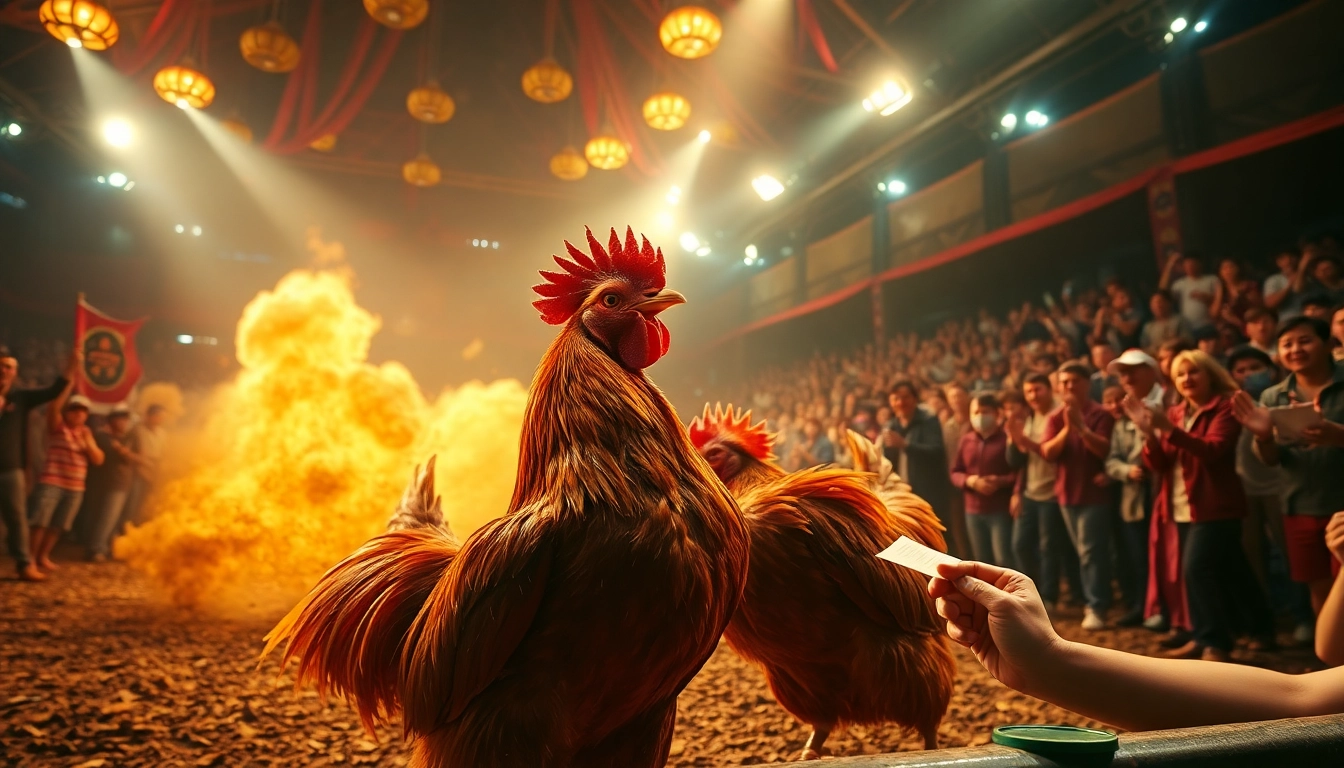 Live cockfighting match at SV368, showcasing vibrant activity and excitement.