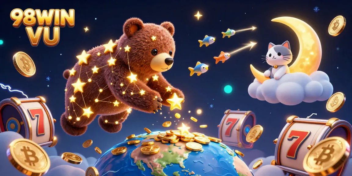 Experience big wins with 98WIN VU's exciting casino scene featuring golden stars and glowing coins.
