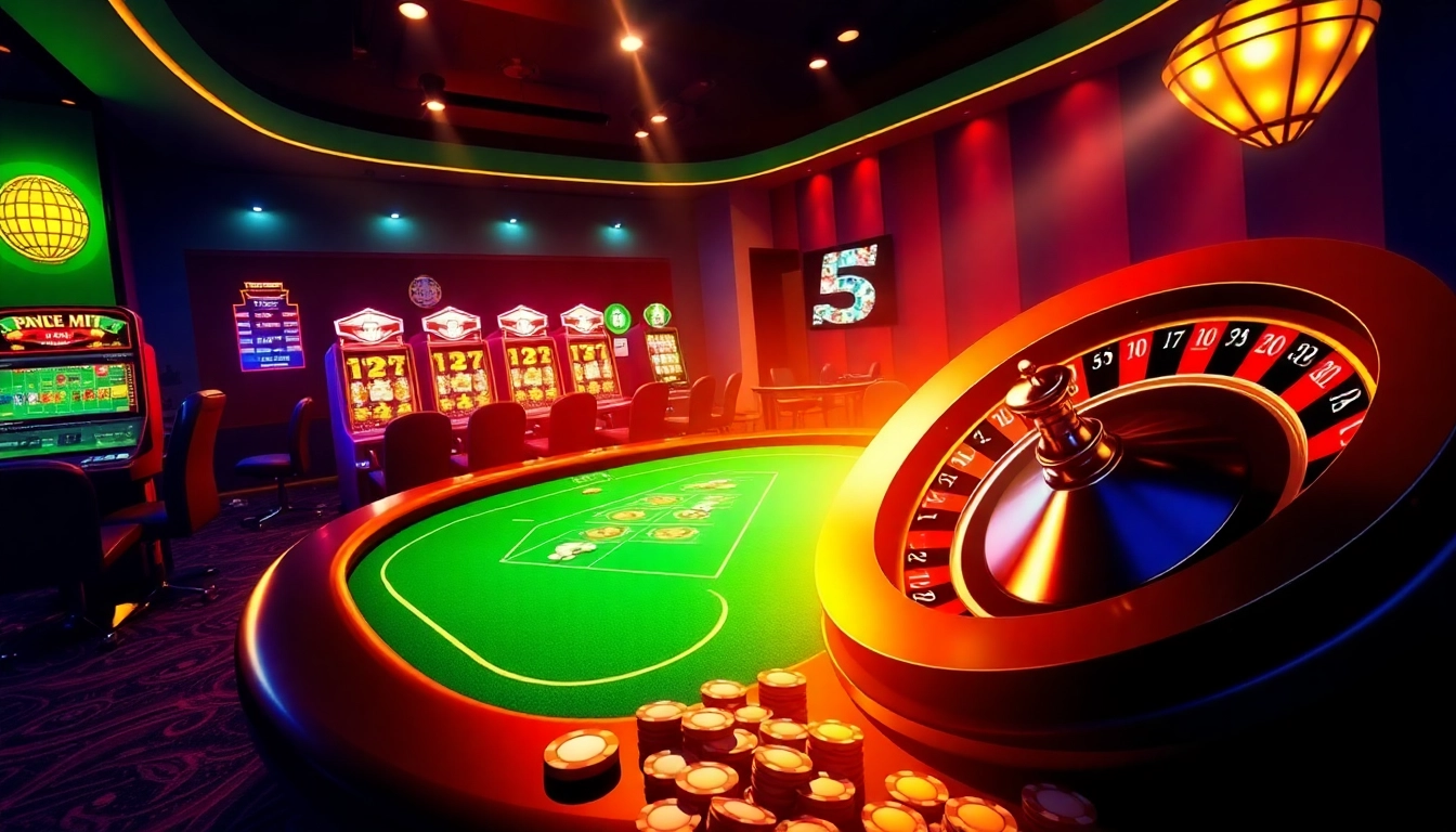 Exciting 68VIP online casino scene with vibrant slot machines and poker table.