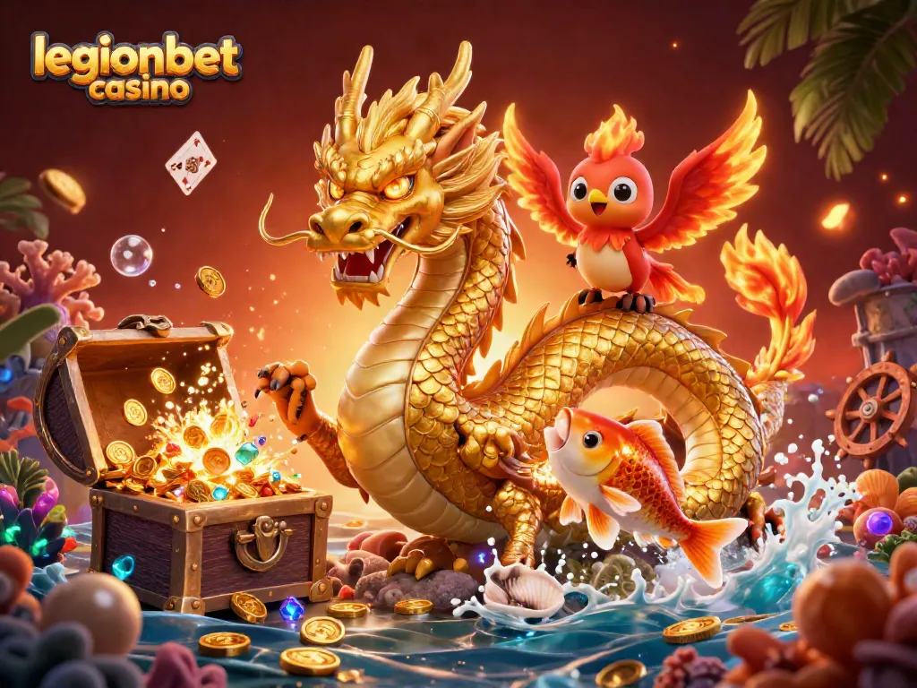 Experience excitement at legionbet casino with a dazzling dragon and phoenix amidst treasures.