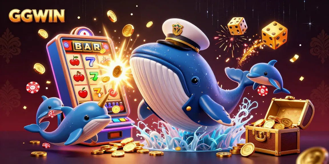 Experience the excitement of GGWIN with a 3D casino scene featuring a whale and treasures.
