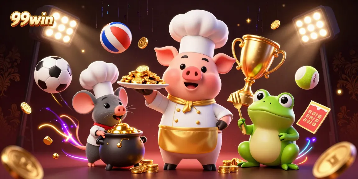 Experience thrilling gaming action with 99win as a chef pig serves gold coins amidst sports and fun.