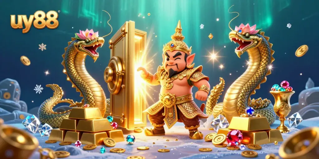 Experience the excitement of uy88 with vibrant 3D scene featuring a guardian, Naga serpents, and treasure.