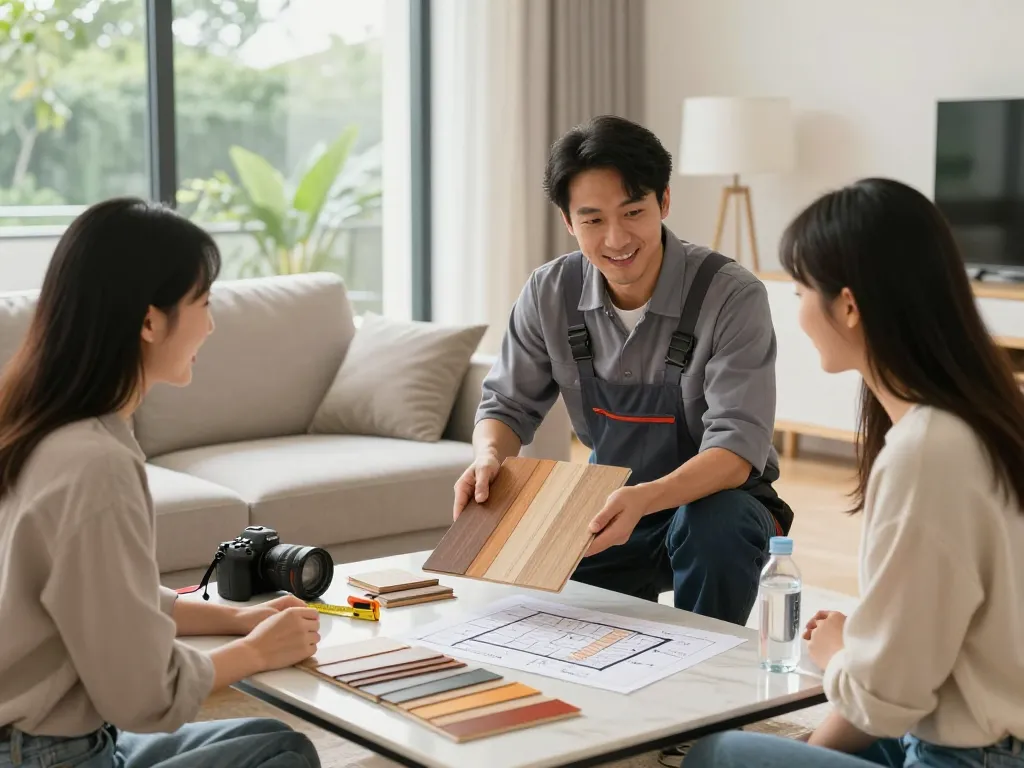 Flooring specialists near me showcasing hardwood options to homeowners in bright living room.