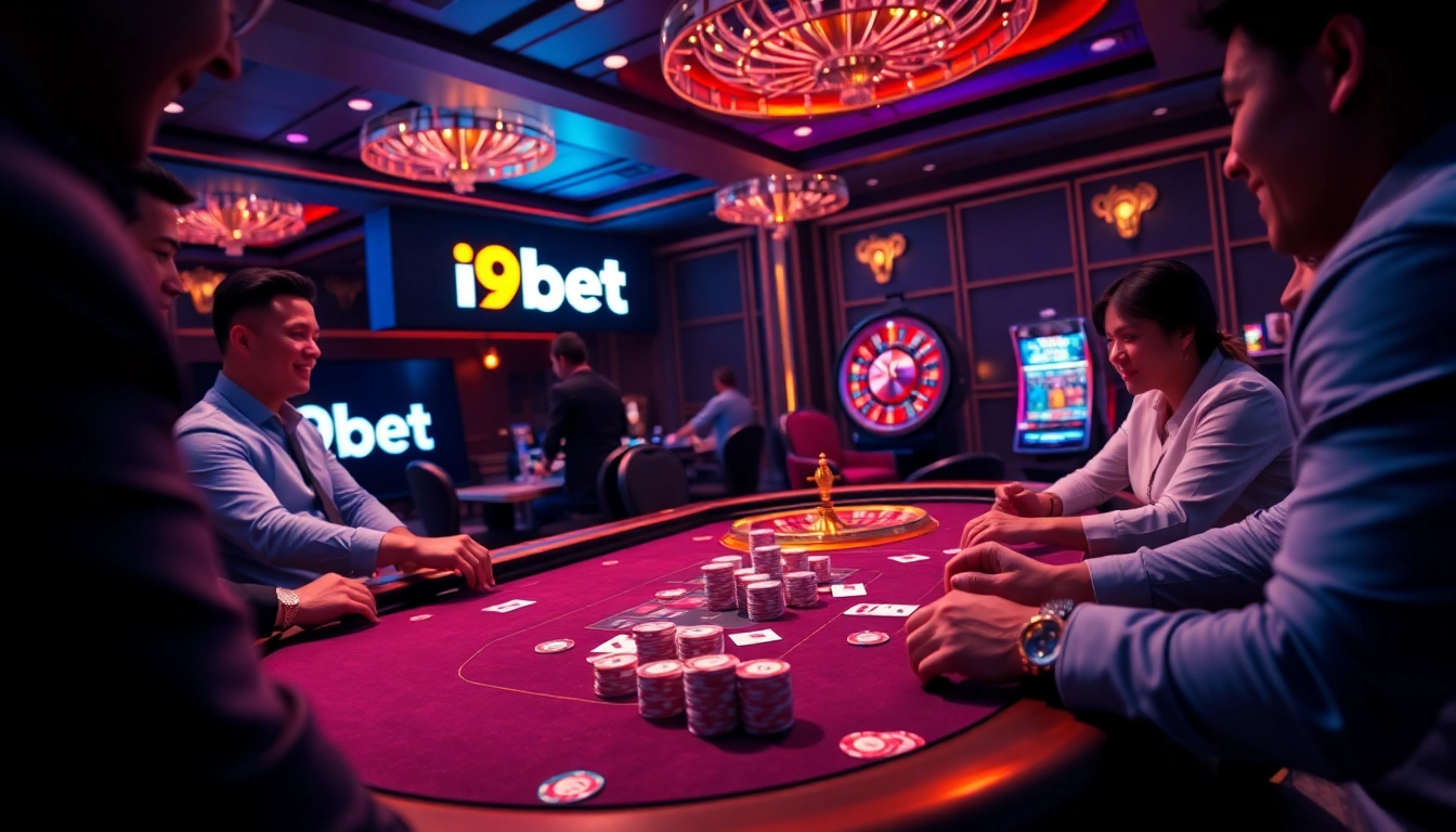 I9bet casino gaming scene showcasing players at a poker table with chips and a roulette wheel.