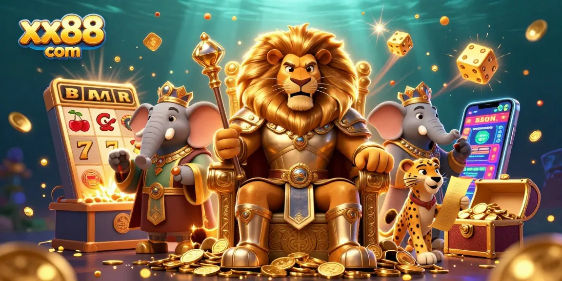 Experience the excitement of xx88 com with a lion king, elephant advisor, and cheetah messenger surrounded by vibrant casino elements.