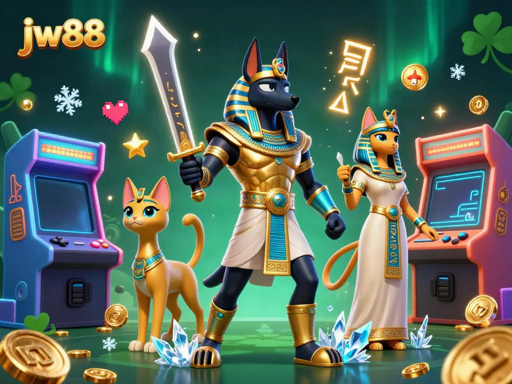 Enjoy thrilling slots and jackpots with jw88 in a vibrant Egyptian-themed casino scene.