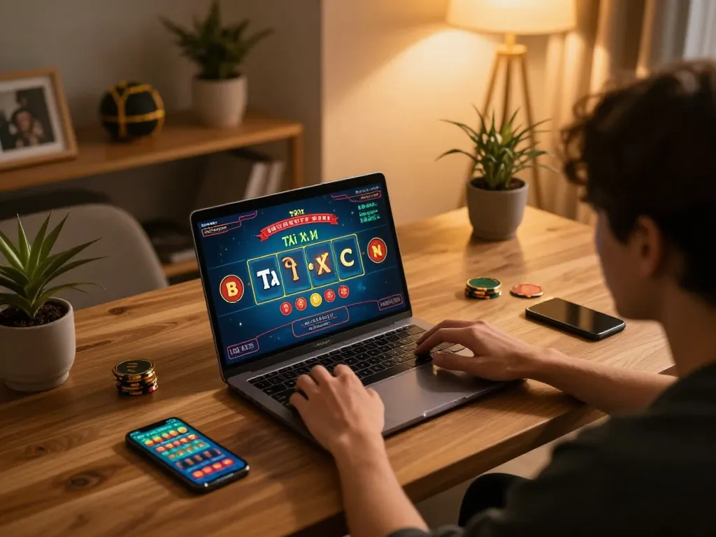 Engaging in Tài Xỉu online on a laptop in a cozy, well-decorated home gaming setup