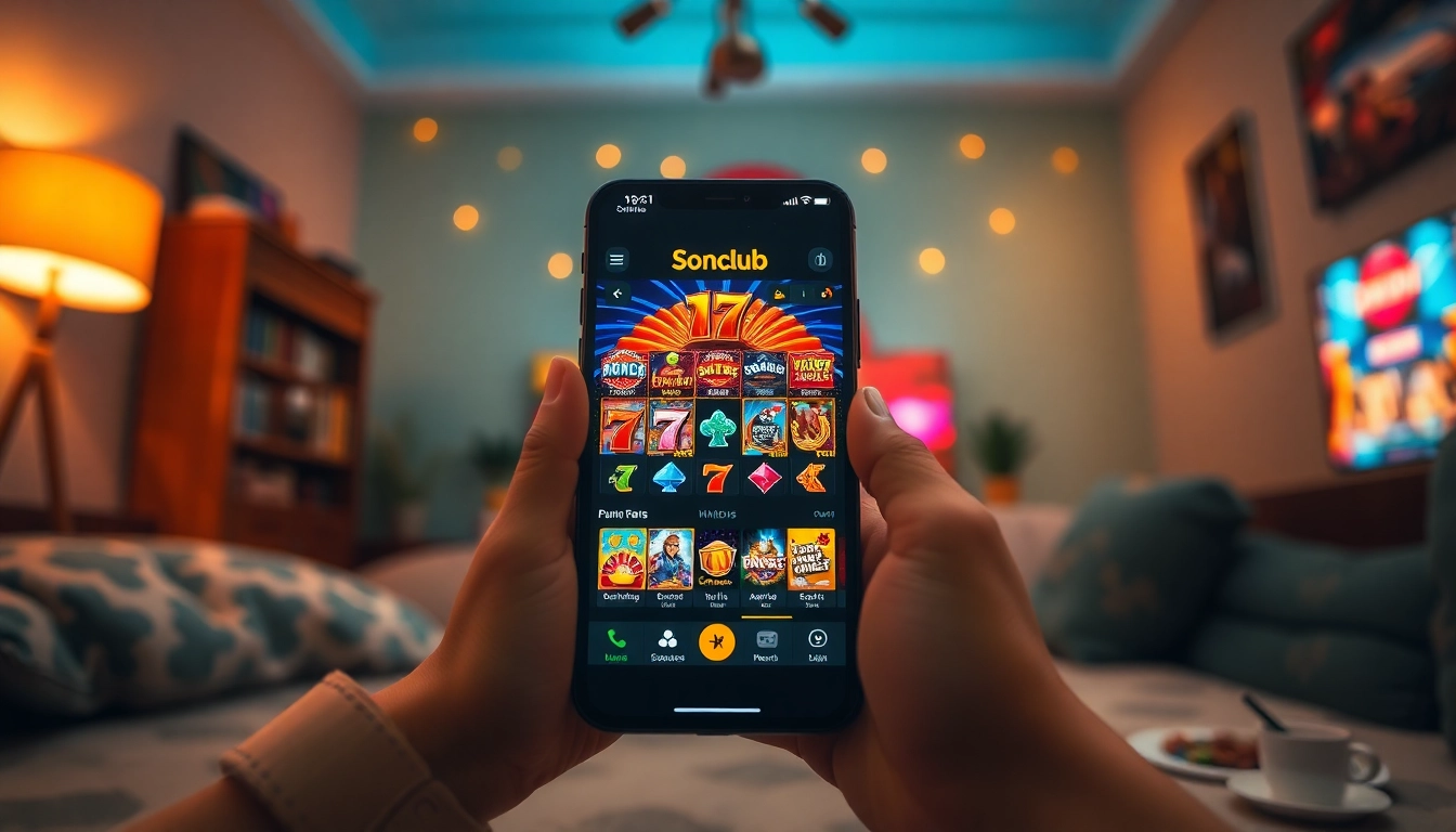 Experience thrilling gaming at https://sonclub.baby/ with a vibrant app interface displayed on a smartphone.