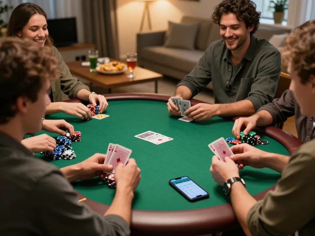 PUB88 poker night in a stylish home, featuring friends playing cards at a green felt table.