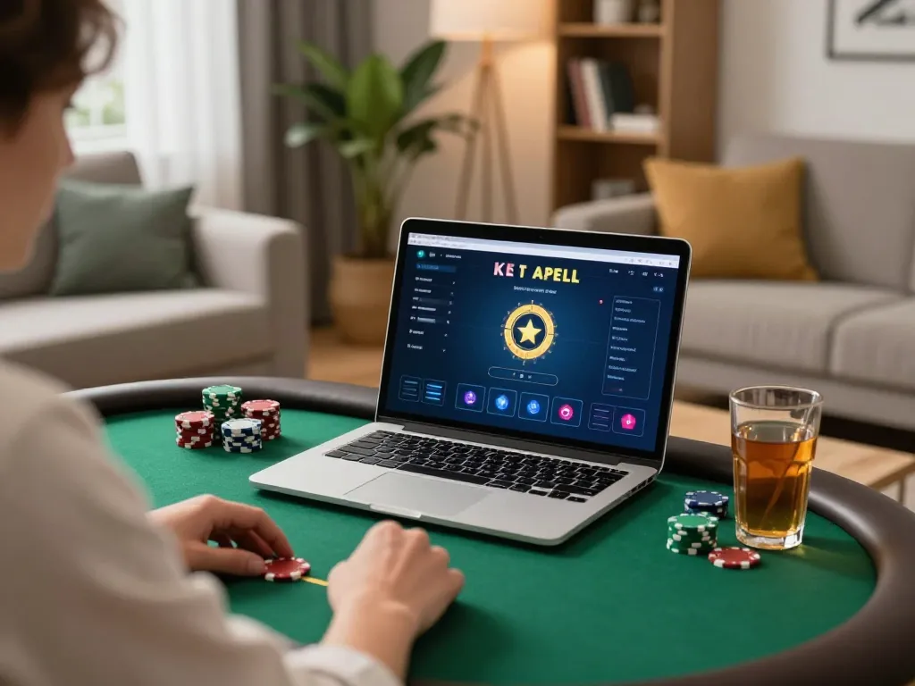 Person playing poker on f8betz platform at home, showcasing strategic gameplay and cozy atmosphere.