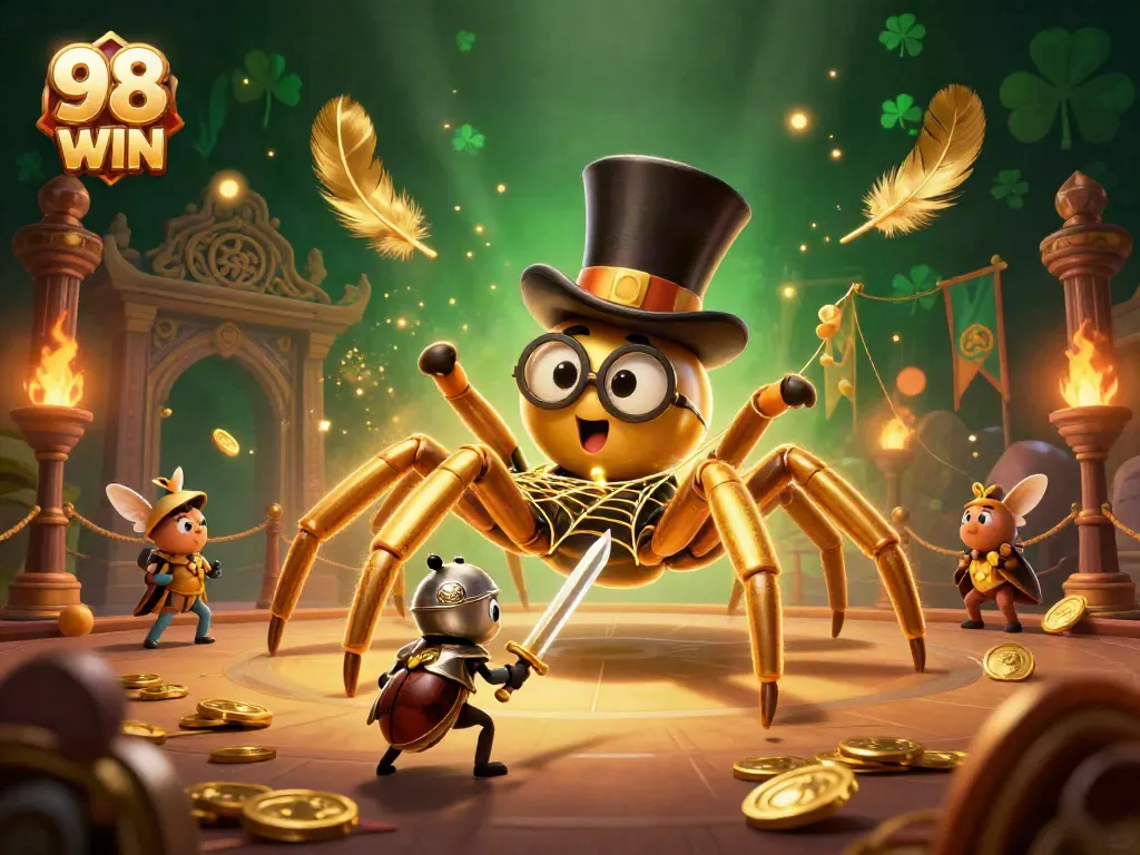 Experience excitement with 98 WIN as a giant golden tarantula weaves webs of fortune in a vibrant casino.