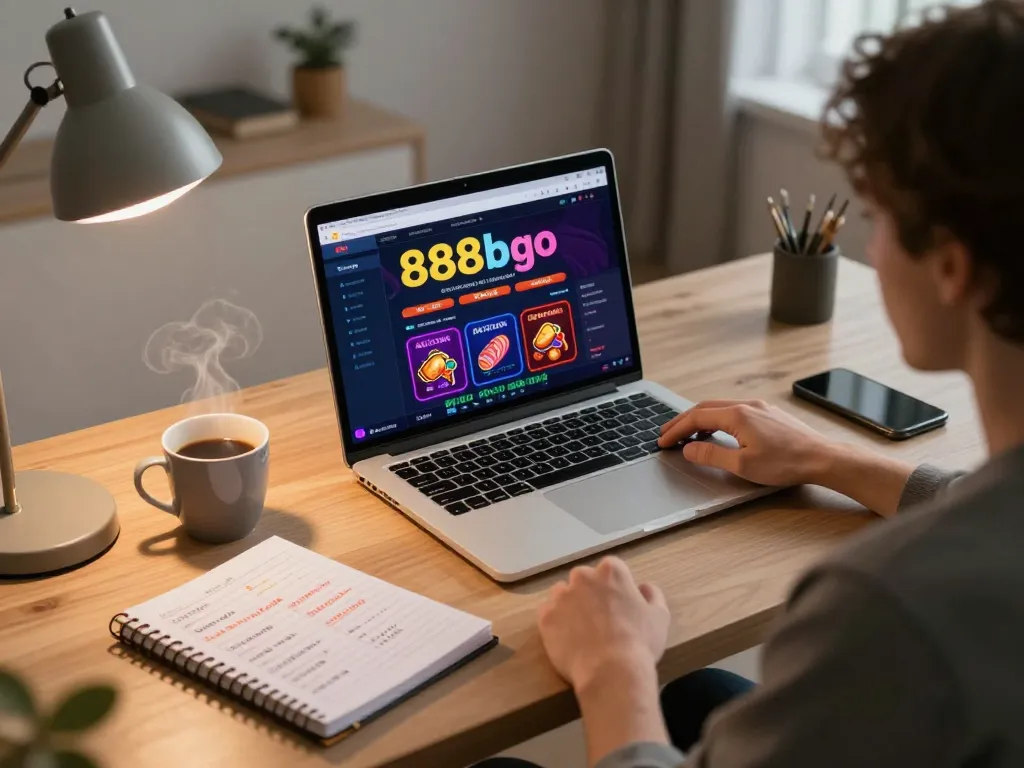 Engaging online gaming scene with 888bgo interface displayed on a laptop in a cozy home office.