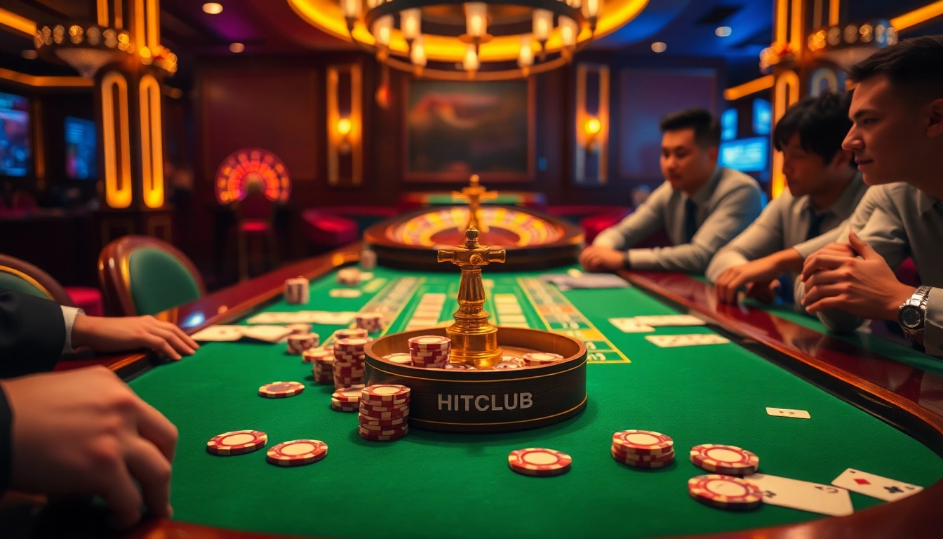 HITCLUB poker game scene with vibrant chips and lively players in an upscale casino.