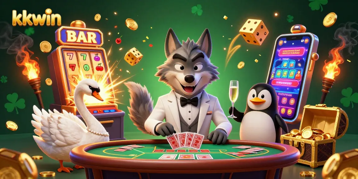 Experience the excitement of kkwin with a vibrant casino scene featuring a debonair wolf, swan dealer, and penguin sommelier.