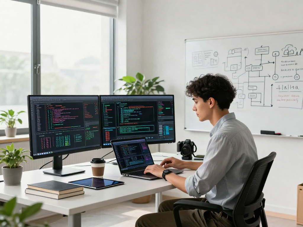 Professional tech workspace featuring developer with AI project visualizations and innovation atmosphere, ia +18