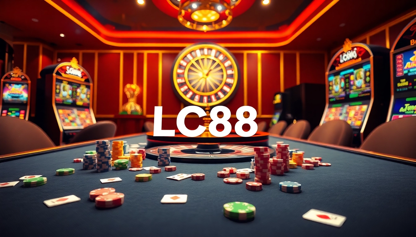 Thrilling gaming experience at Trang chủ LC88 with vibrant casino tables and slot machines.