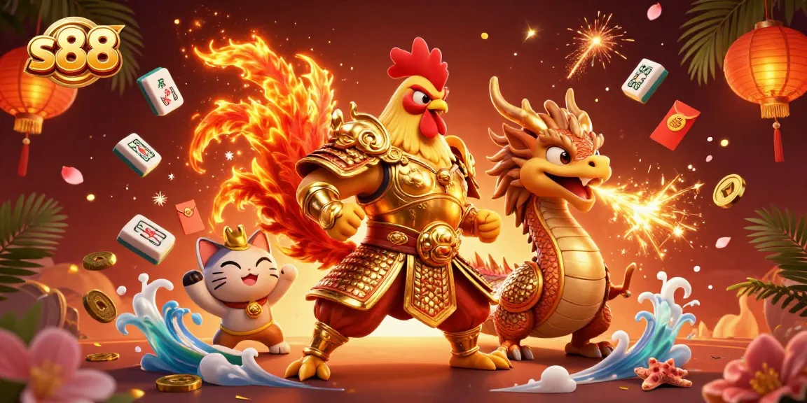 Experience dynamic gaming action with the fierce rooster warrior, symbolizing s88's thrilling casino offerings.